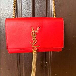 Saint Laurent Red Leather Tassel Crossbody with Gold Hardware